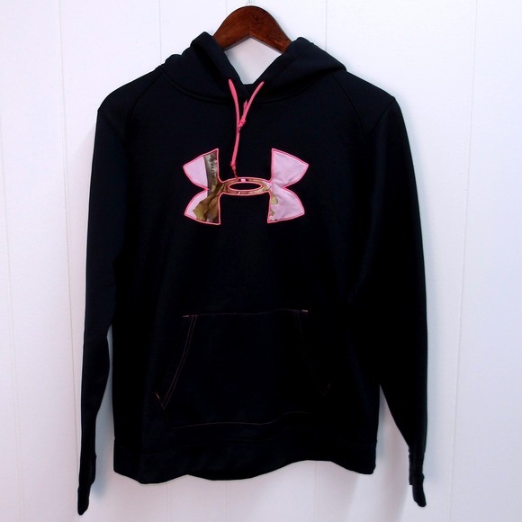 Under Armour Black Realtree Pink Camo Logo Hoodie Pullover Girls Lg / #8014 - Picture 1 of 8